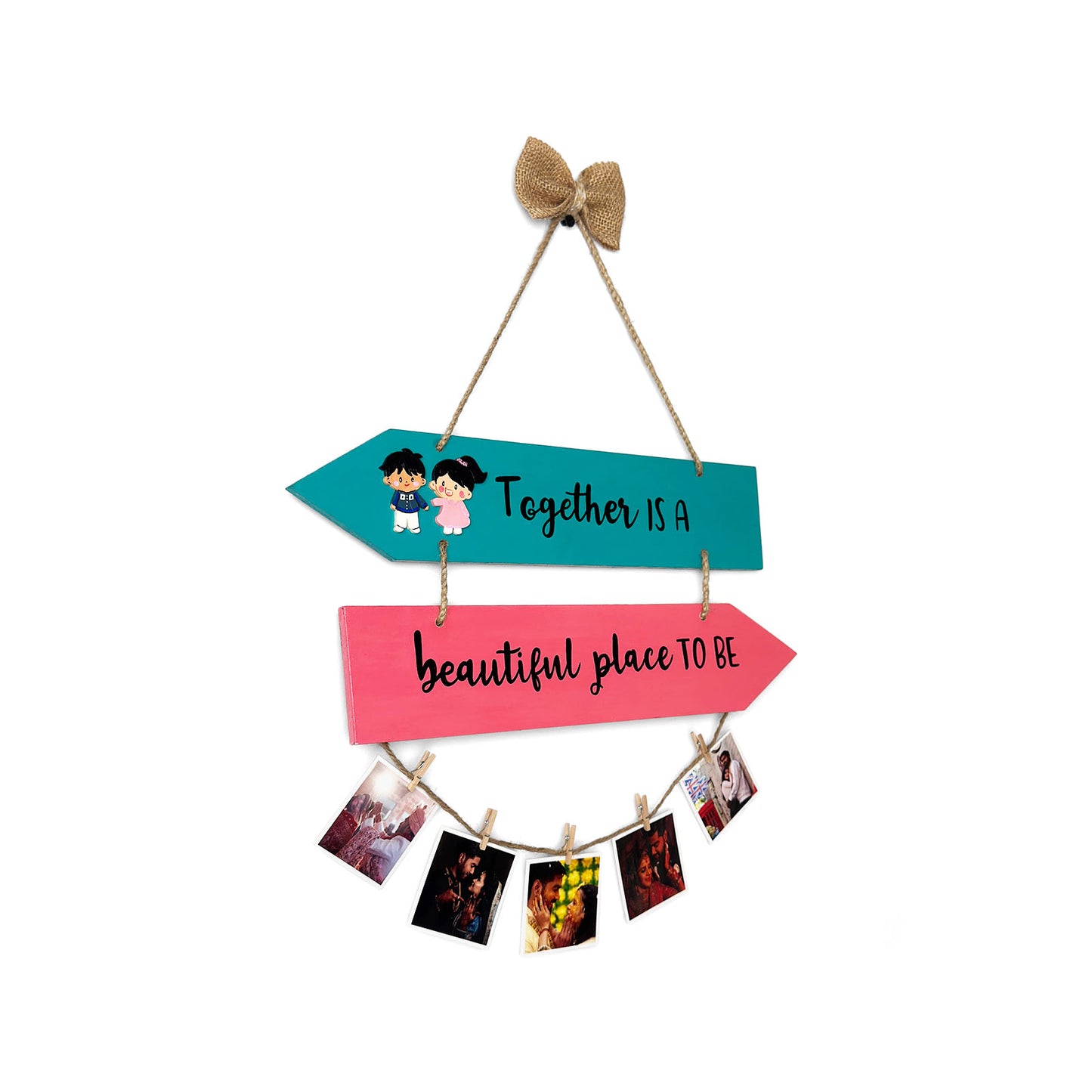 Together Is A Beautiful Place To Be Hand-Painted Wooden Photo Holder - Teal & Pink