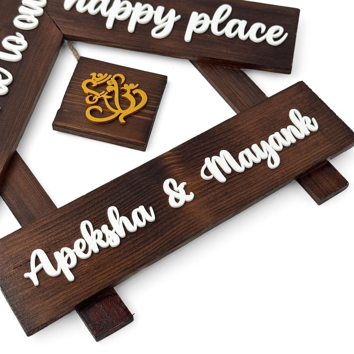 House With Roof And Single PlankHand-Painted Wooden Hut-Shaped Name Plate For Home - Wooden Finish