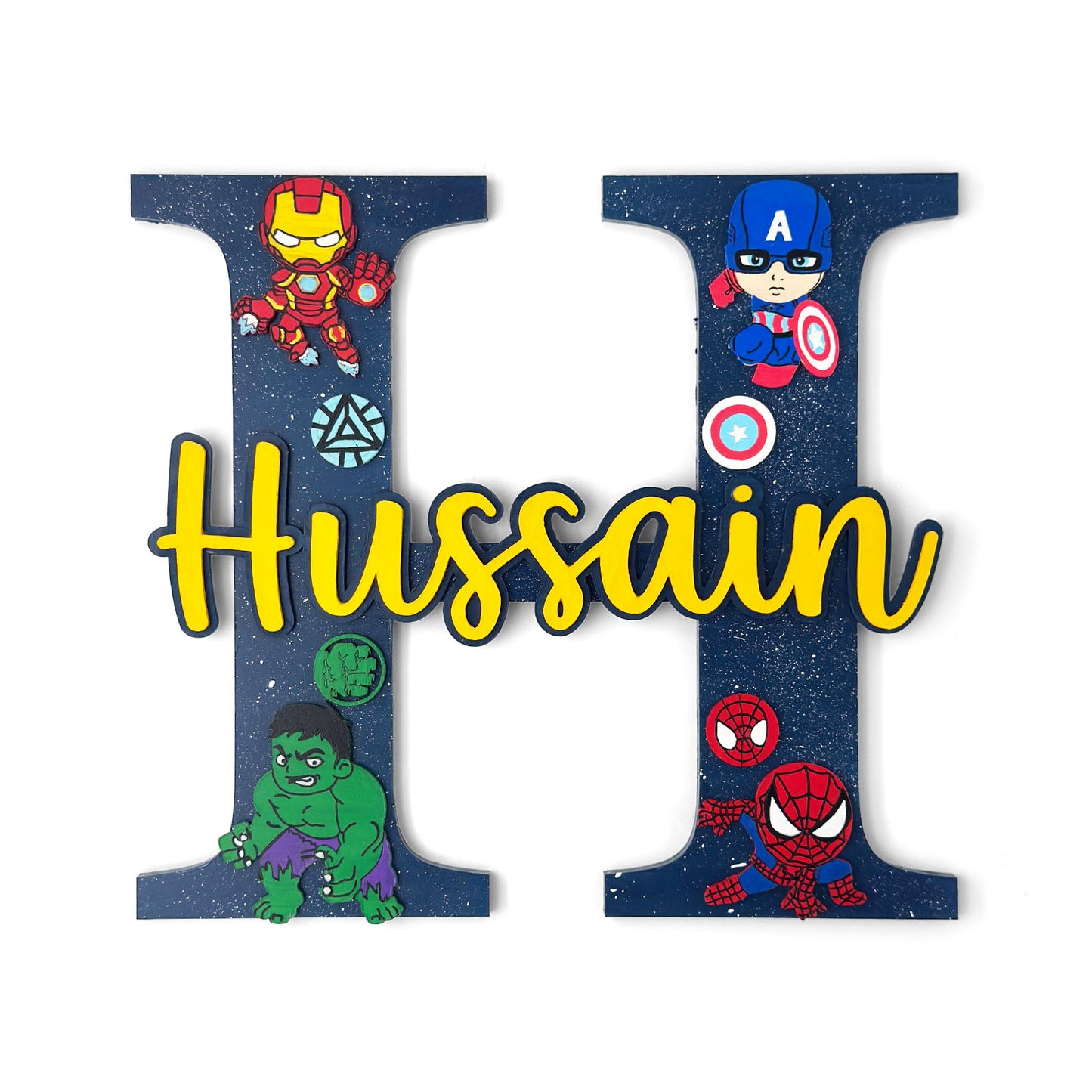 Superheroes Avengers Themed Layered Alphabet Initial Hand-Painted Wooden Kids Name Plate - Design 1