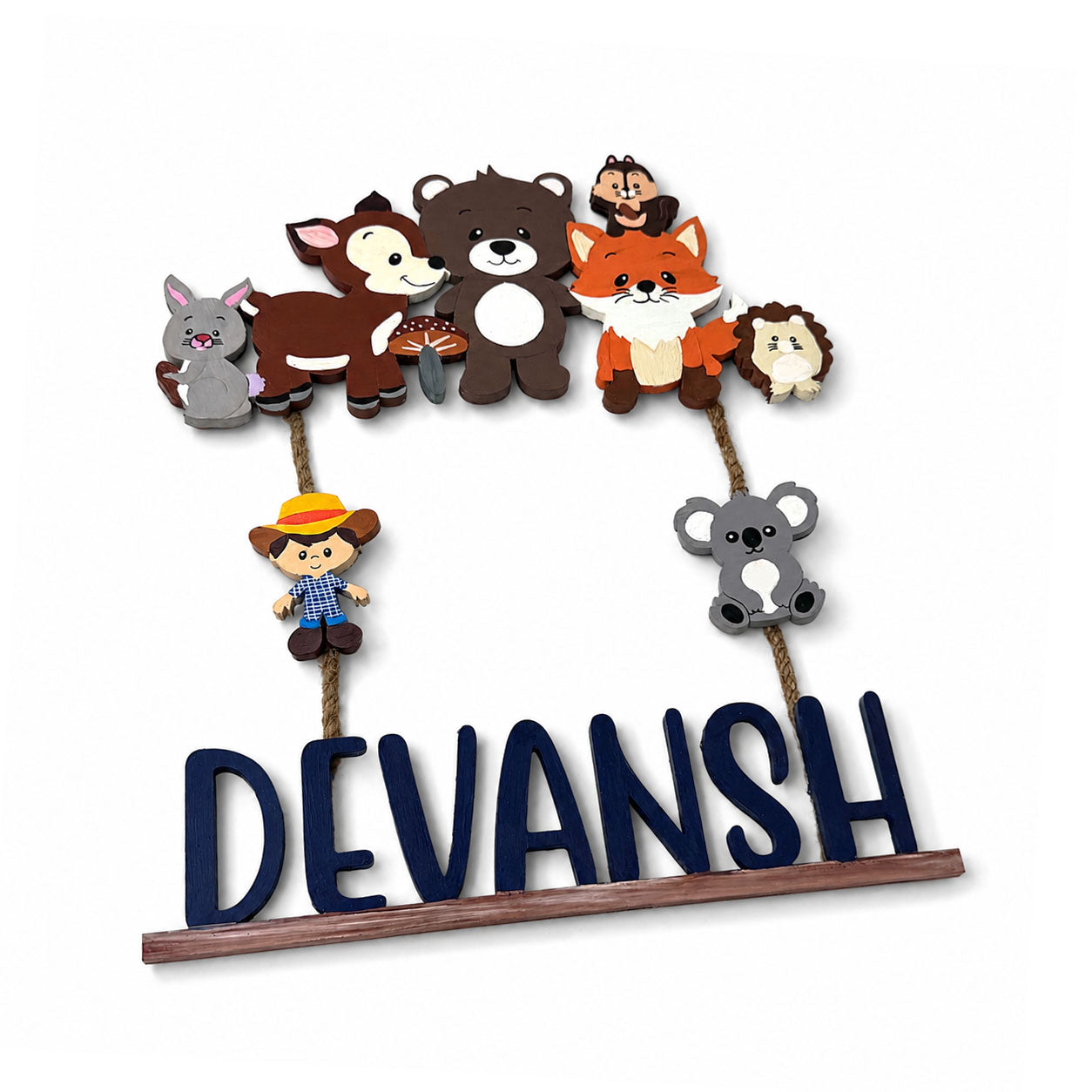 Animal Themed Hand-Painted Wooden Kids Name Plate - Design 6