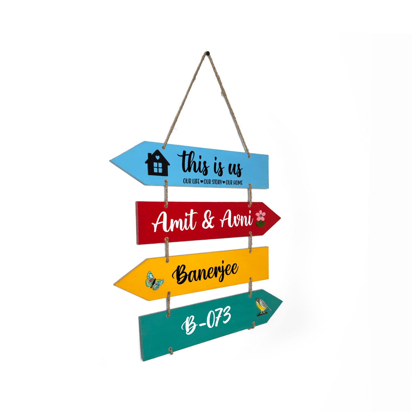 This Is Us Our Life Our Story Our Home  Hand-Painted Wooden Arrow Plank Name Plate For Home - Four Planks