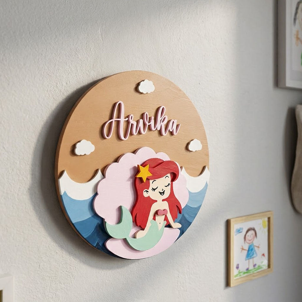 Mermaid Themed Hand-Painted Wooden Round Kids Name Plate - Design 2