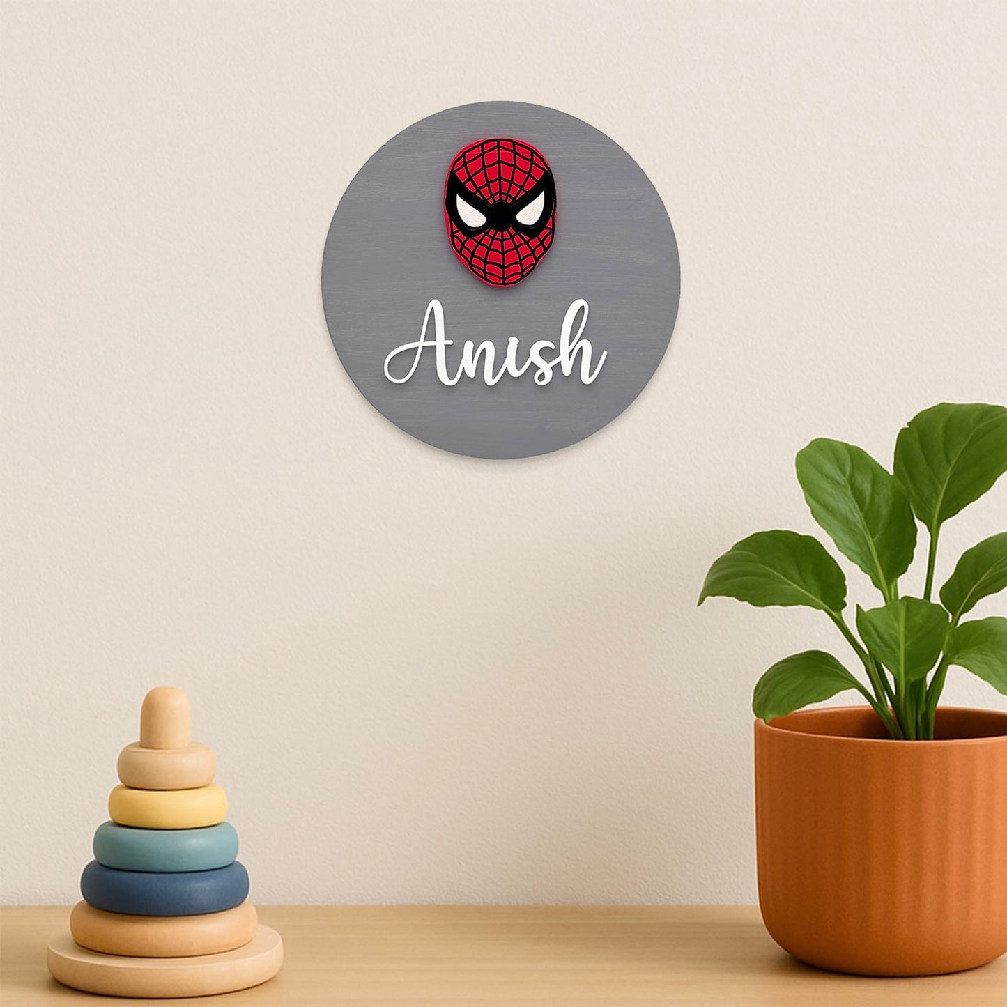 Spiderman Themed Hand-Painted Wooden Mini Kids Name Plate