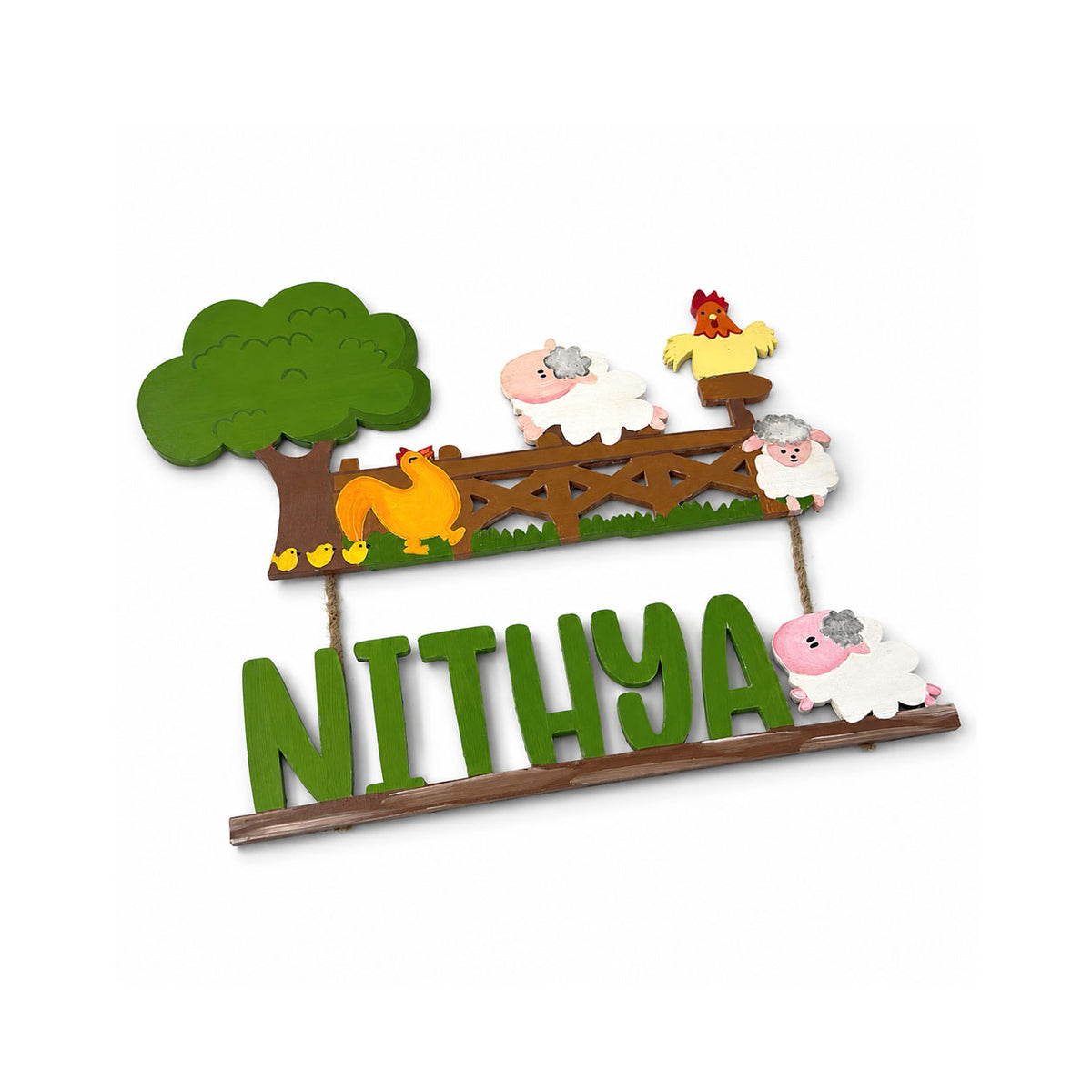 Farm Animals Themed Hand-Painted Wooden Kids Name Plate - Design 1