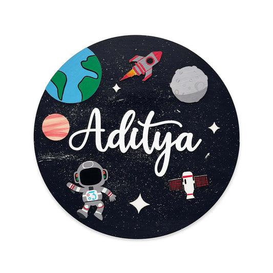Space Themed Hand-Painted Wooden Round Kids Name Plate - Design 1