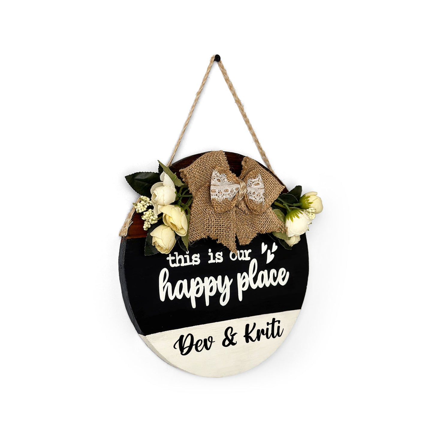 Personlised This Is Our Happy Place Hand-Painted Wooden Door Hanger - Black, White, & Wooden Finish