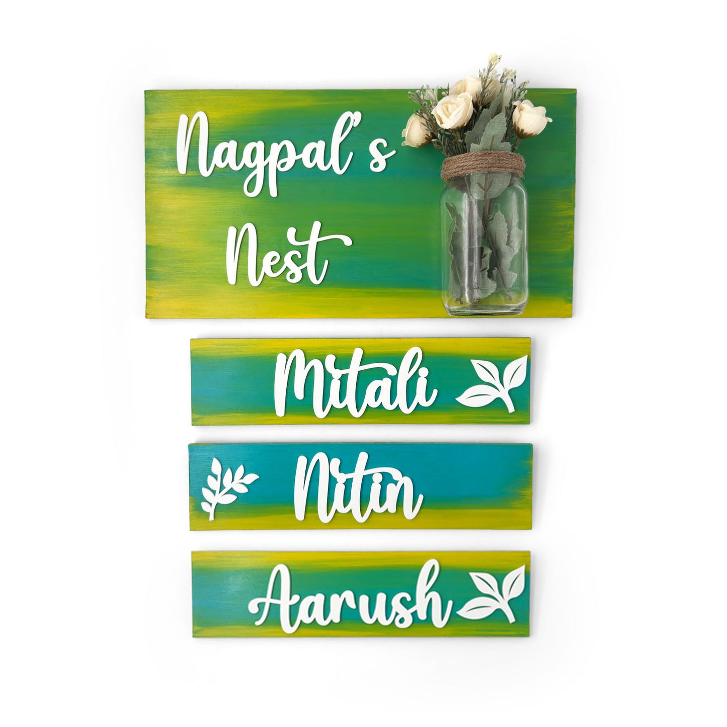 Hand-Painted Wooden Name Plate With Jar For Home - Jar Board & Three Planks