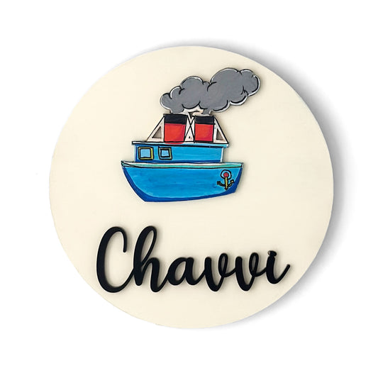 Ship Themed Hand-Painted Wooden Name Plate For Kids