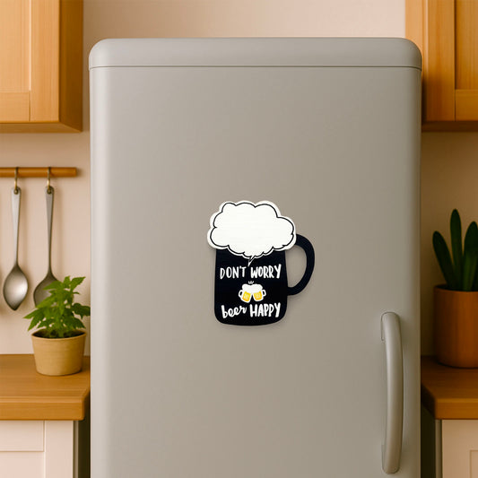 Don't Worry Beer Happy Hand-Painted Wooden Beer Mug Fridge Magnet - Black