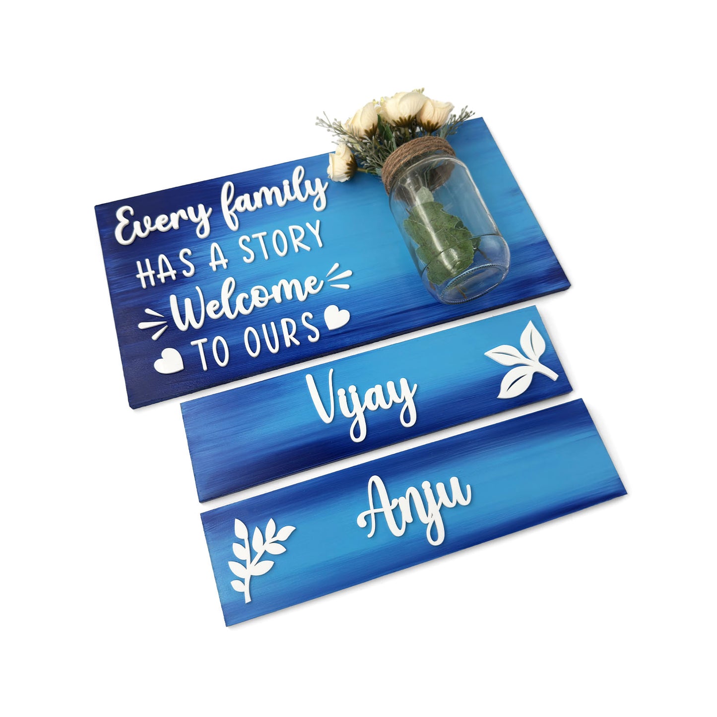 Every Family Has A Story Welcome To Ours Hand-Painted Wooden Name Plate With Jar For Home - Jar Board & Two Planks