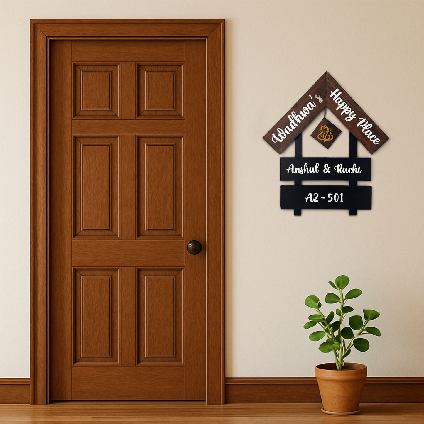 House With Roof And Double Plank Hand-Painted Wooden Hut-Shaped Name Plate For Home - Black & Wooden Finish