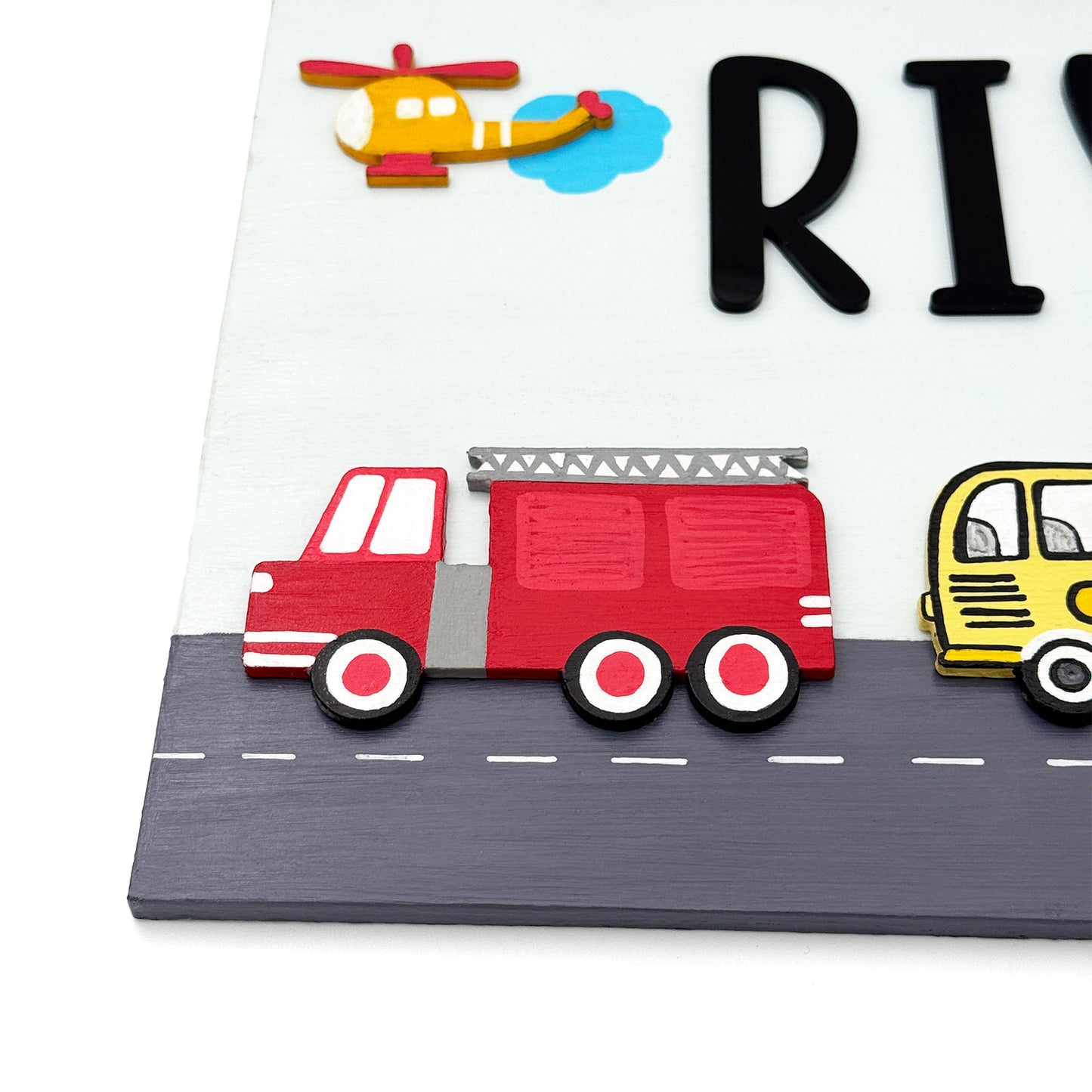 Vehicles Themed Hand-Painted Wooden Kids Name Plate - Light Blue