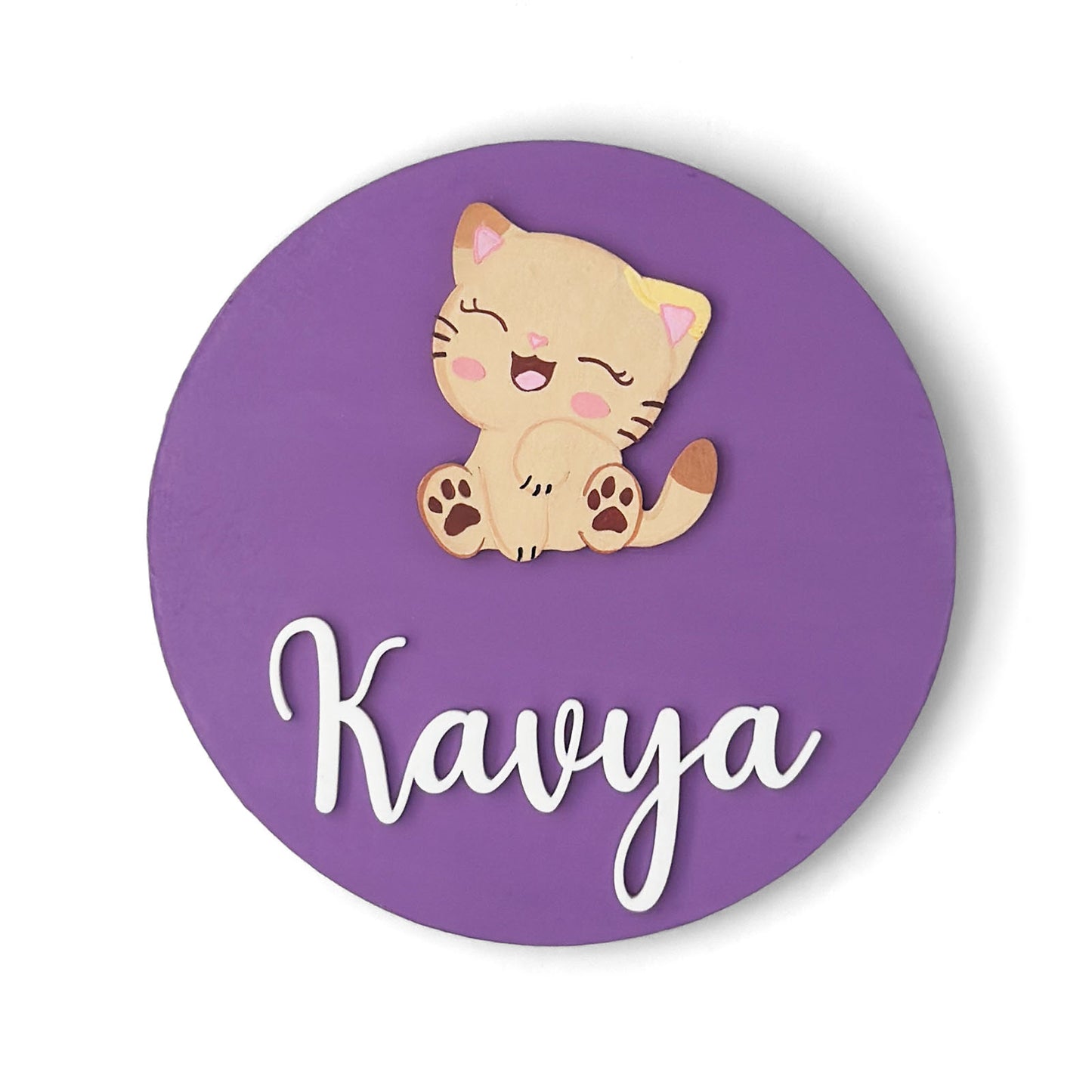 Cat Themed Hand-Painted Wooden Name Plate For Kids