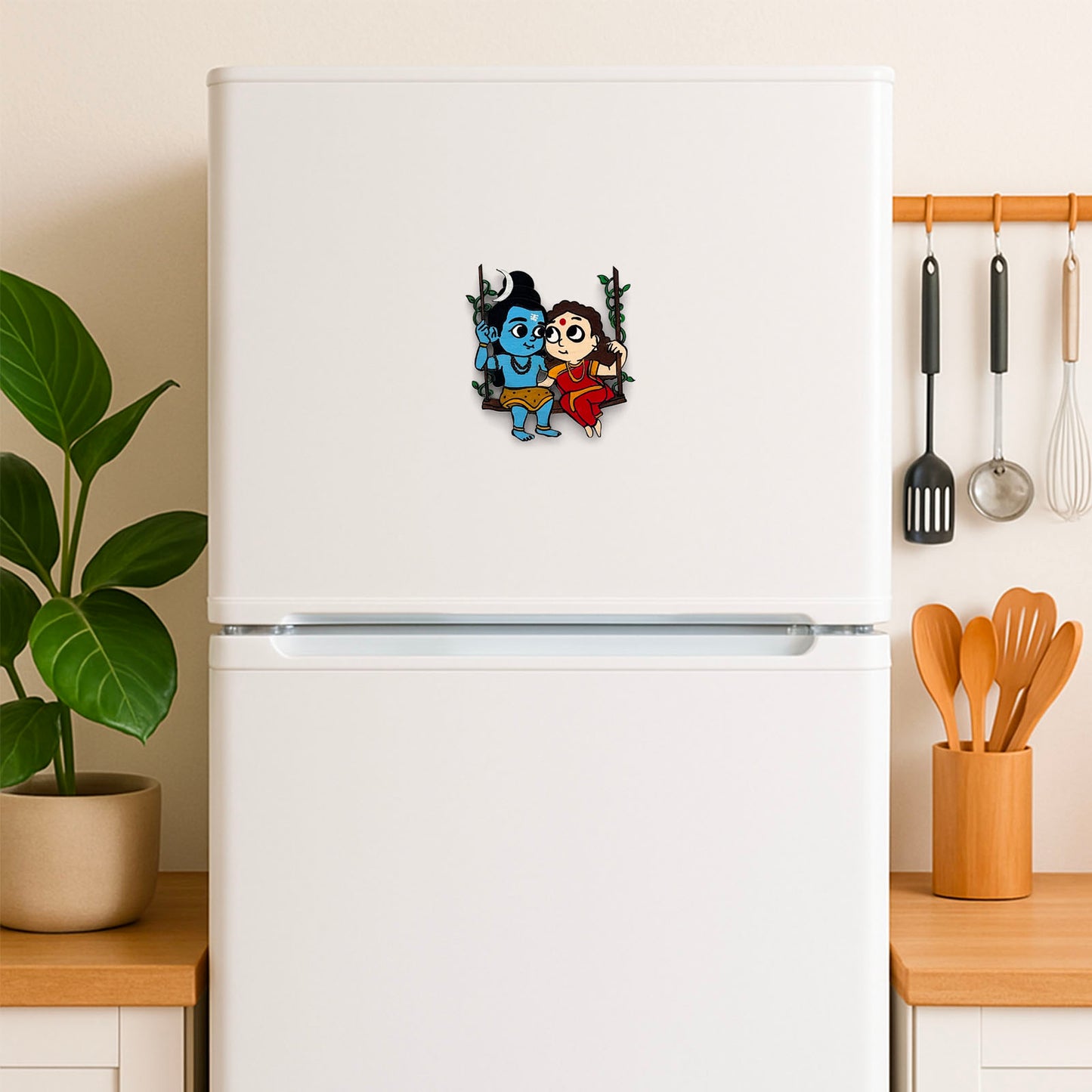 Little Shiv Parvati Hand-Painted Wooden Fridge Magnet