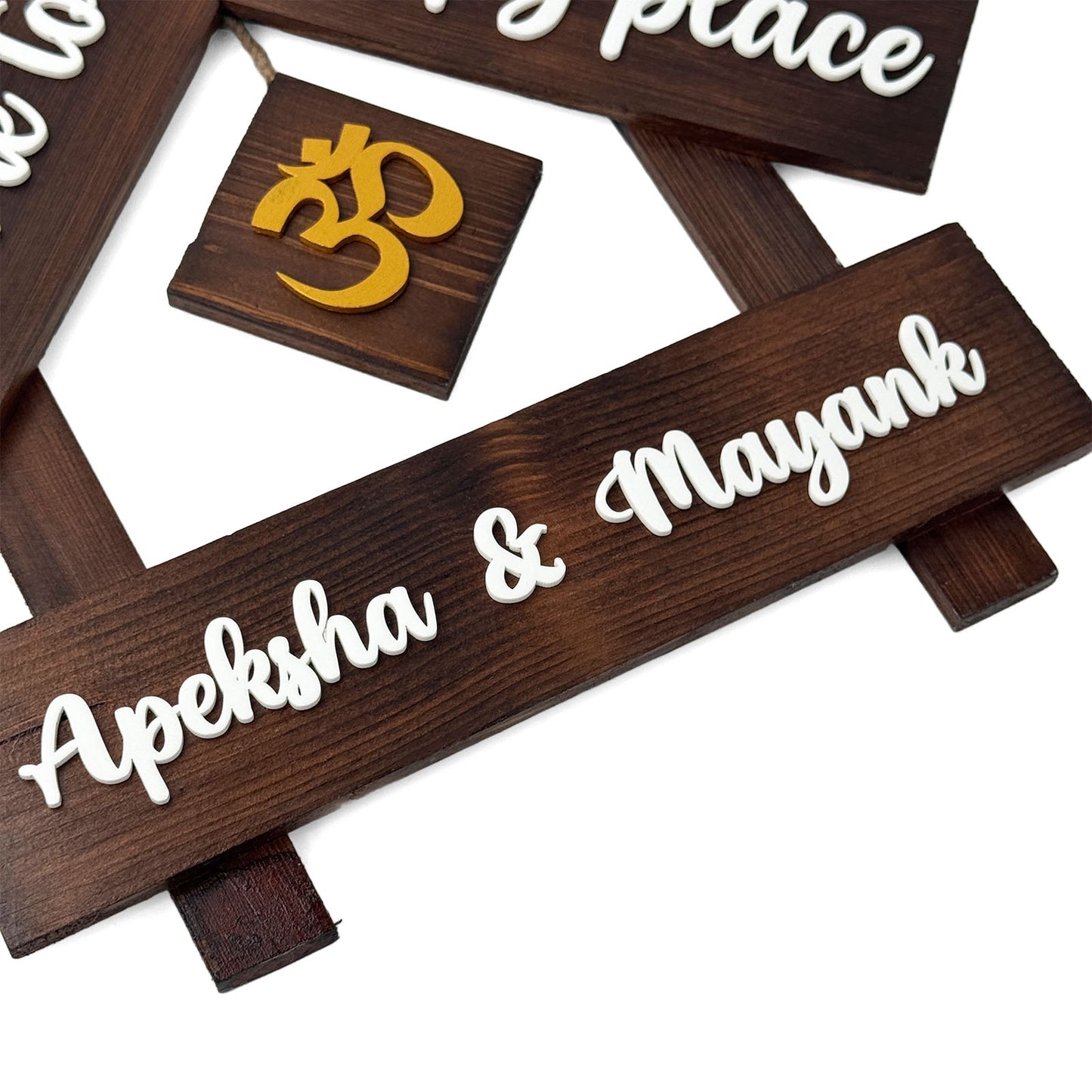 House With Roof And Single PlankHand-Painted Wooden Hut-Shaped Name Plate For Home - Wooden Finish