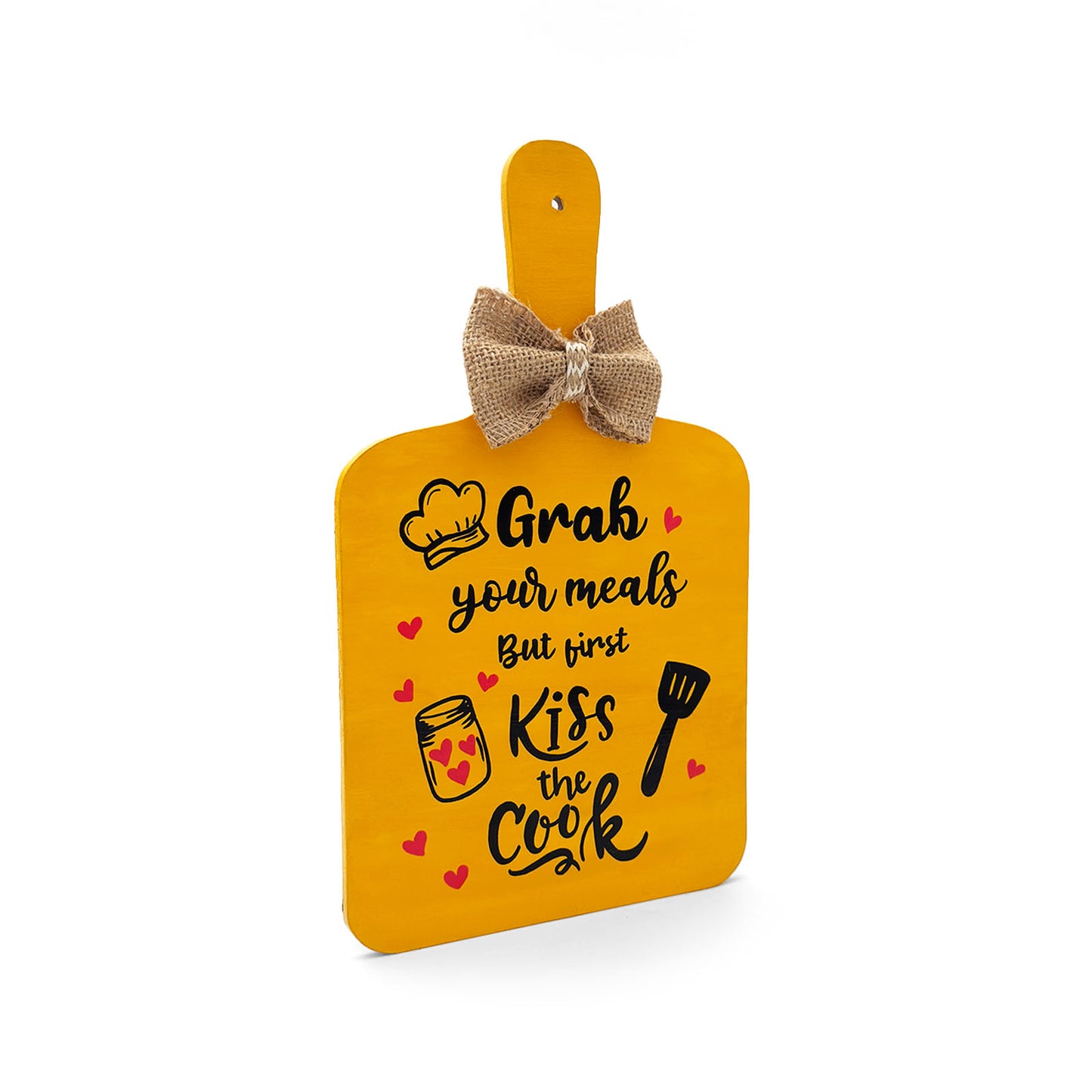 Grab Your Meals But First Kiss The Cook Hand-Painted Wooden Chopping Board Kitchen Wall Hanging - Yellow