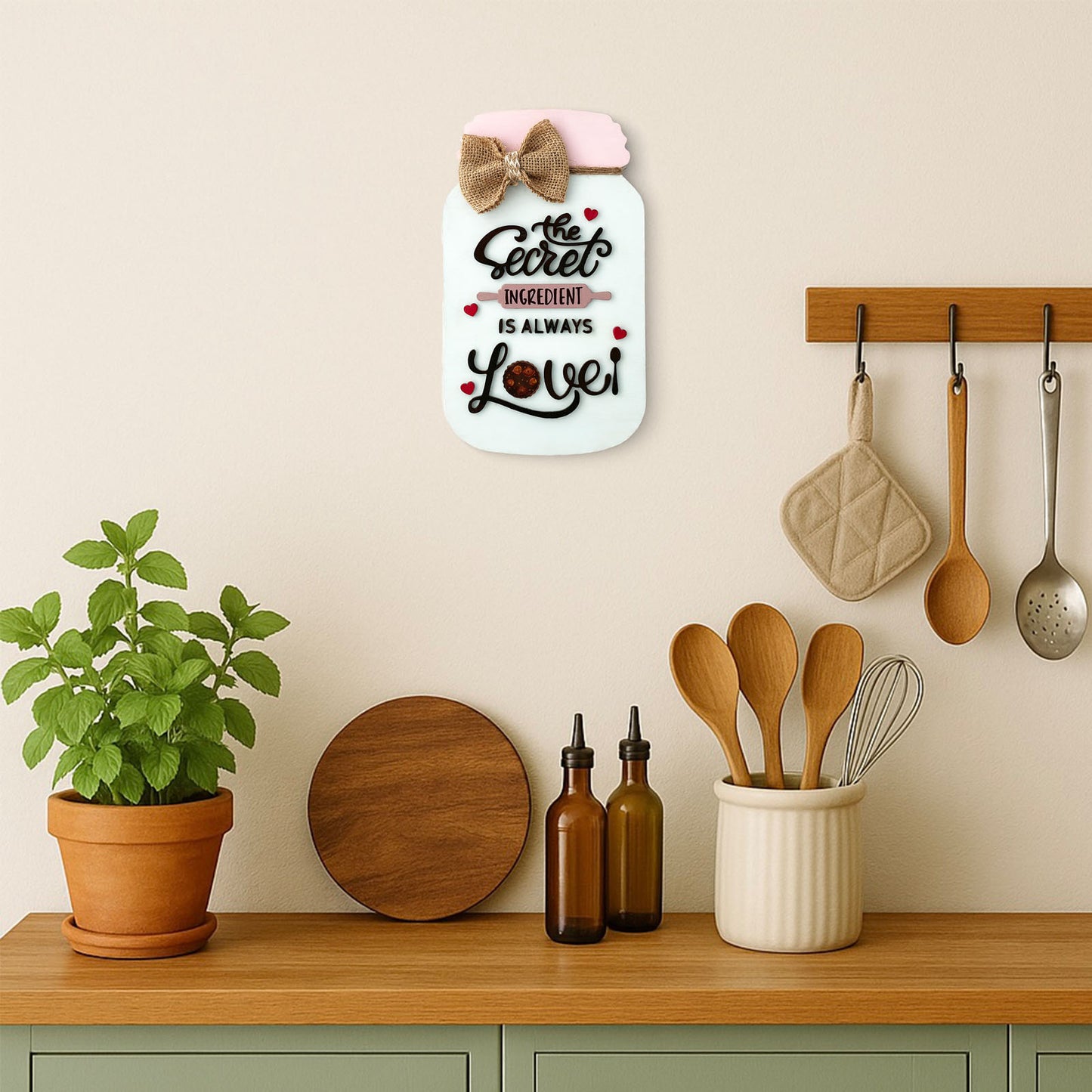 The Secret Ingredient Is Always Love Hand-Painted Wooden Jar Kitchen Wall Hanging - Light Blue