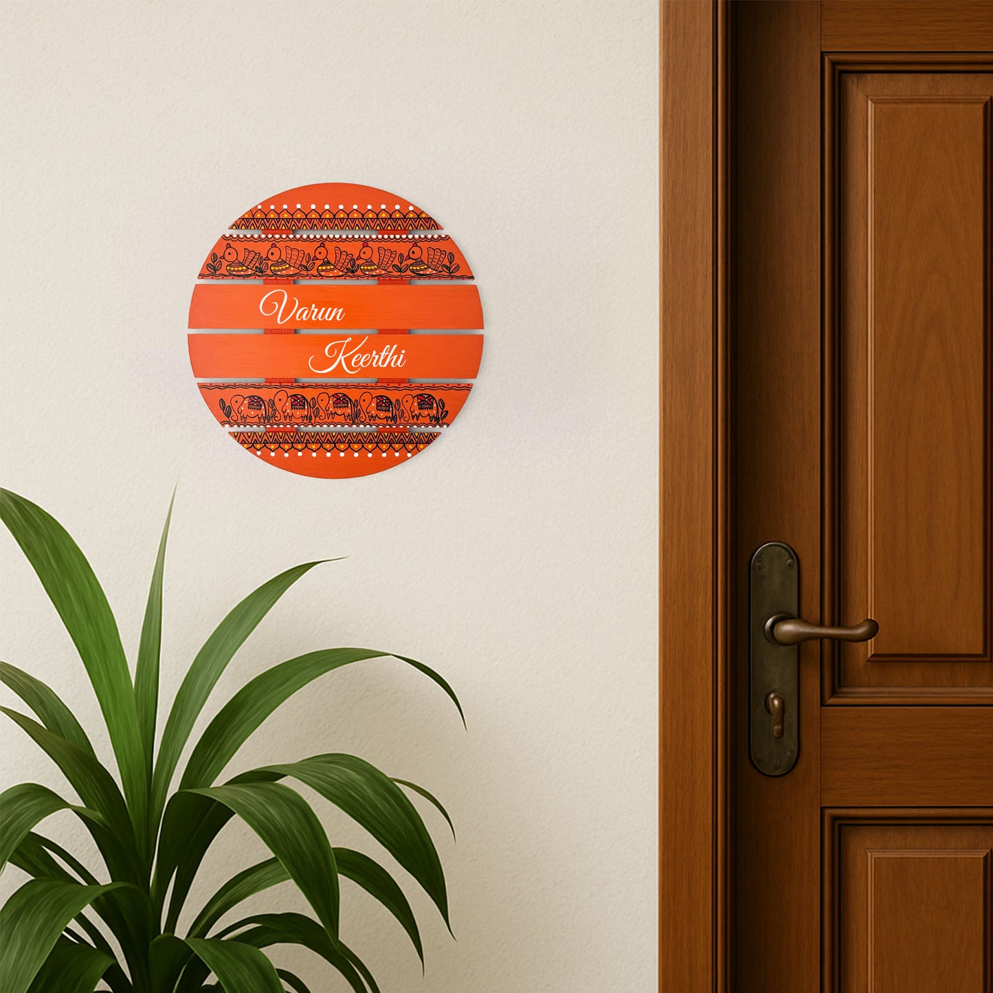 Peacock & Elephant Artwork Hand-Painted Wooden Madhubani Round Name Plate For Home