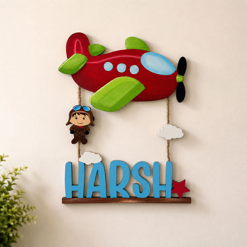 Airplane Pilot Themed Hand-Painted Wooden Kids Name Plate - Design 2