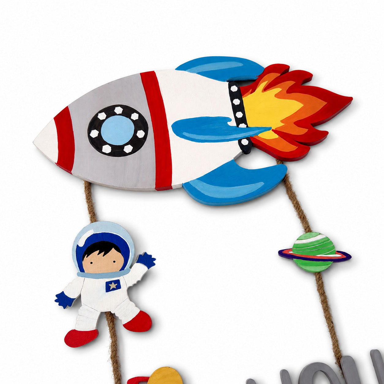 Rocket Themed Hand-Painted Wooden Kids Name Plate - Design 1