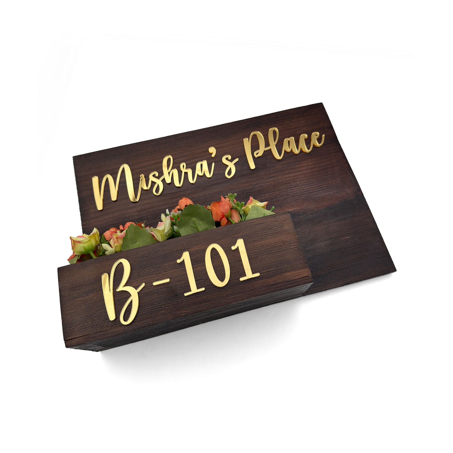 Rectangular Hand-Painted Wooden Planter Name Plate For Home - Wooden Finish