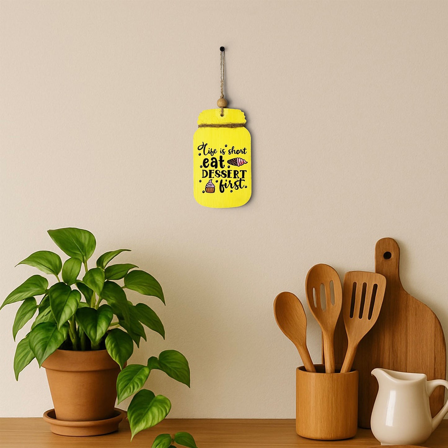 Life Is Short, Eat Dessert First Hand-Painted Wooden Jar Kitchen Wall Hanging - Yellow