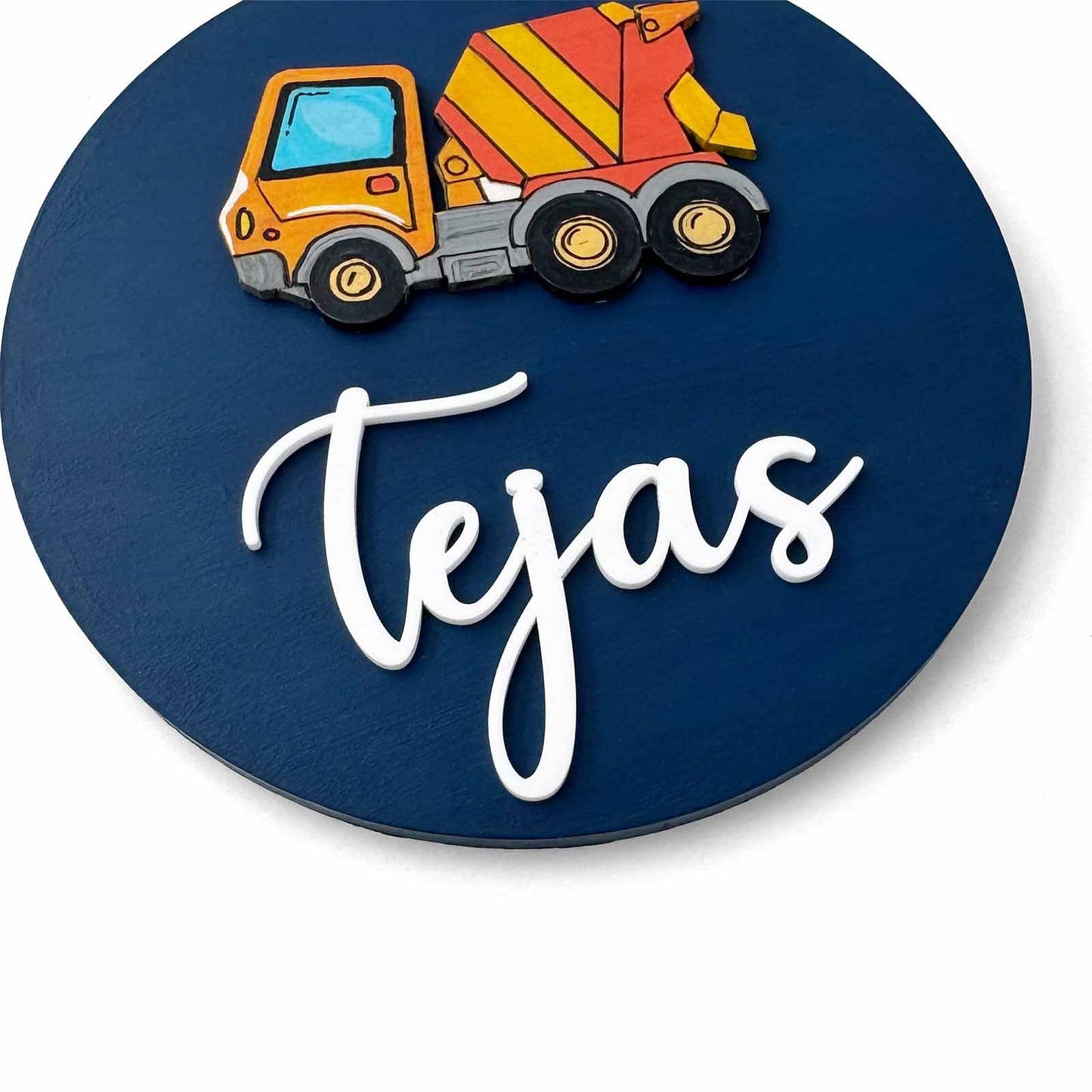 Cement Mixer Themed Hand-Painted Wooden Name Plate For Kids