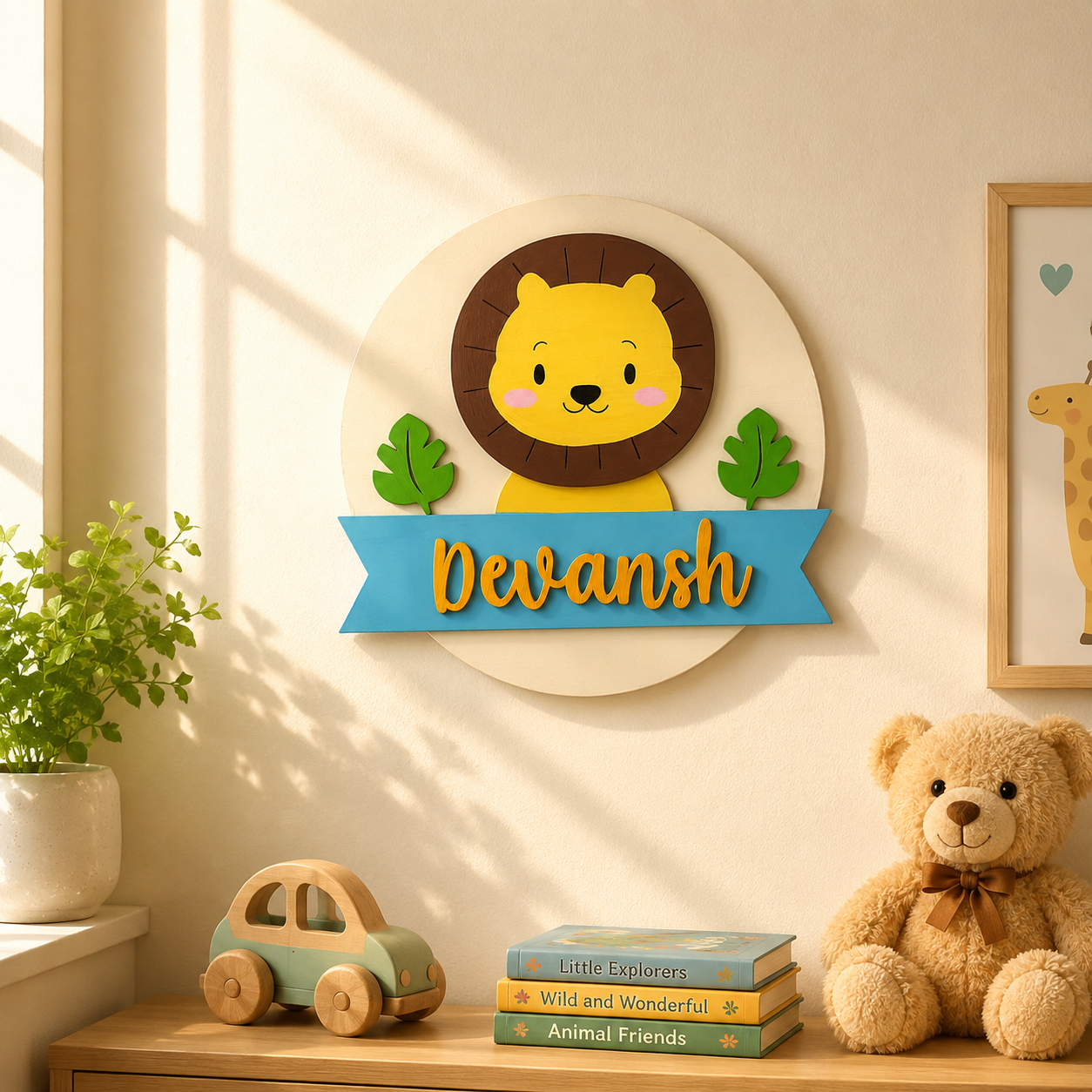 Lion Themed Hand-Painted Wooden Round Kids Name Plate - Design 1