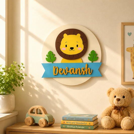 Lion Themed Hand-Painted Wooden Round Kids Name Plate - Design 1