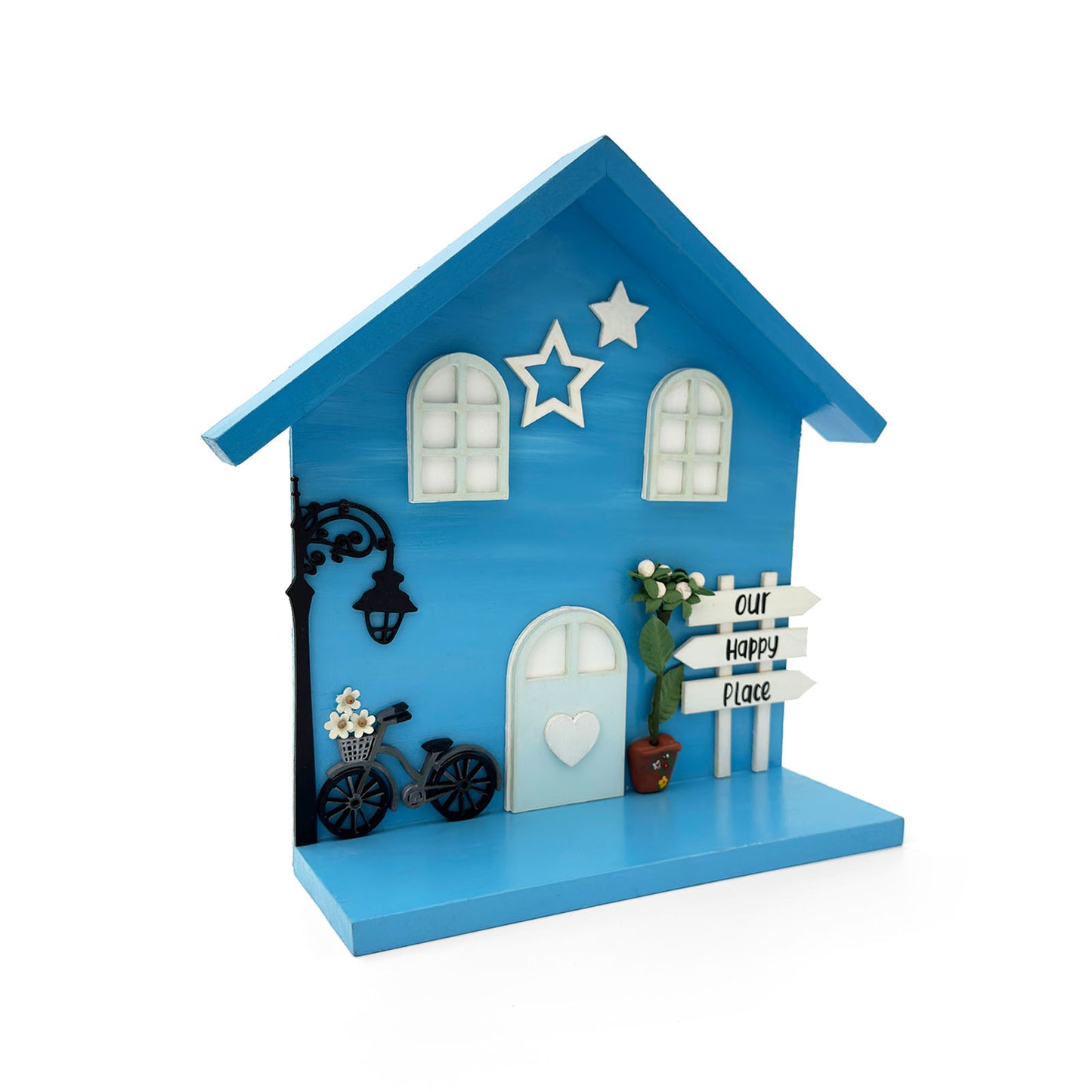 Personalised Hand-Painted Wooden Hut Key Holder With Shelf - Light Blue