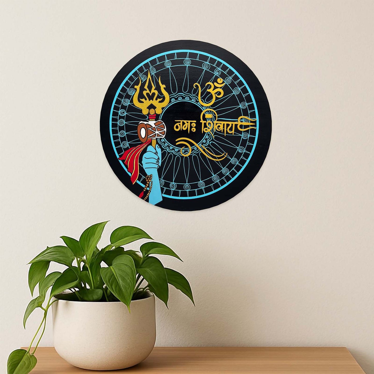 Om Namah Shivaya Hand-Painted Wooden Round Wall Hanging With Shiva Trishul - Blue