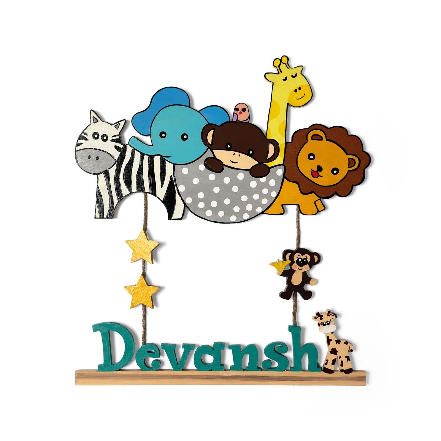 Animal Themed Hand-Painted Wooden Kids Name Plate - Design 2