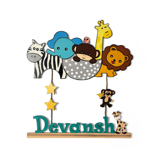 Animal Themed Hand-Painted Wooden Kids Name Plate - Design 2