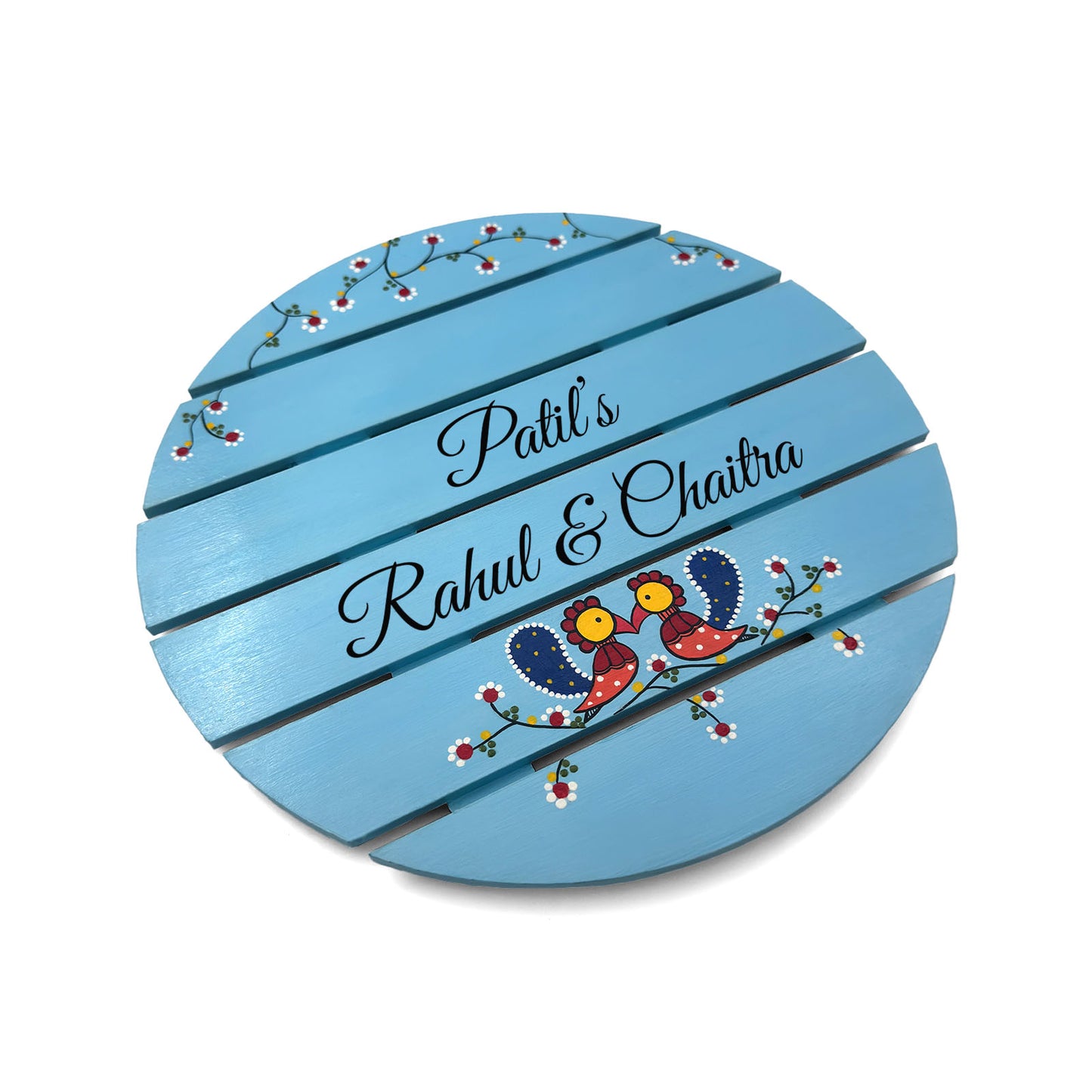 Peacock Artwork Hand-Painted Wooden Madhubani Round Name Plate For Home