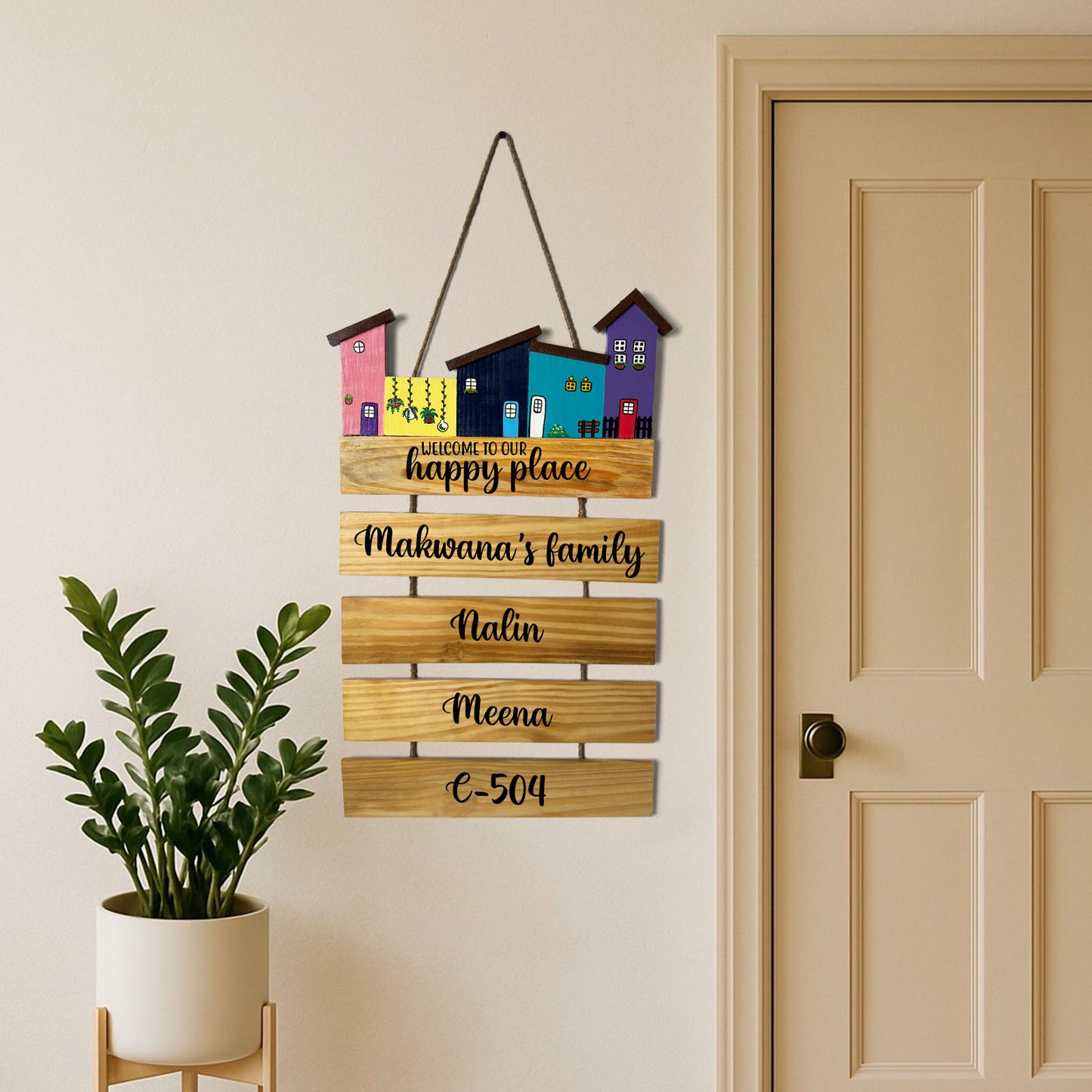 Hut-Shaped Hand-Painted Wooden Name Plate For Home - Hut Board & Four Planks Design 5