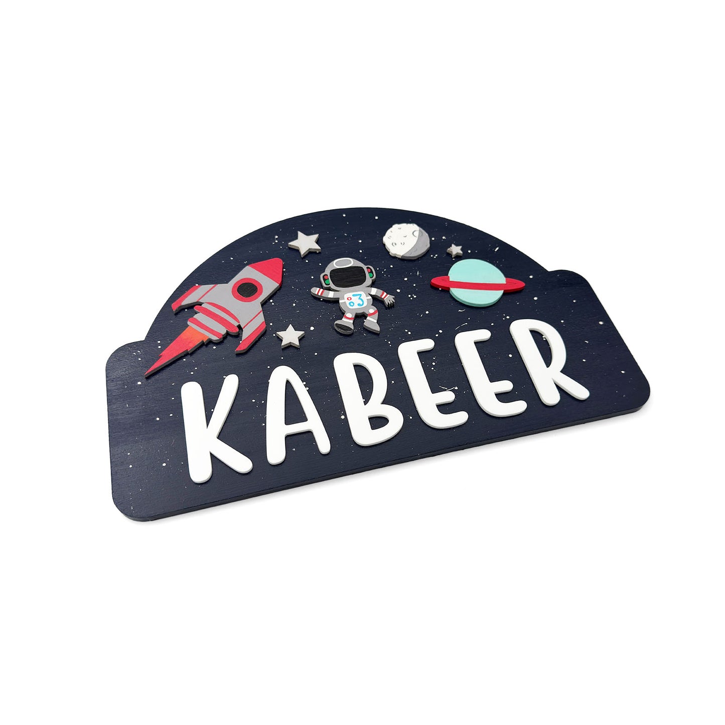 Space  Themed Hand-Painted Wooden Kids Name Plate - Blue