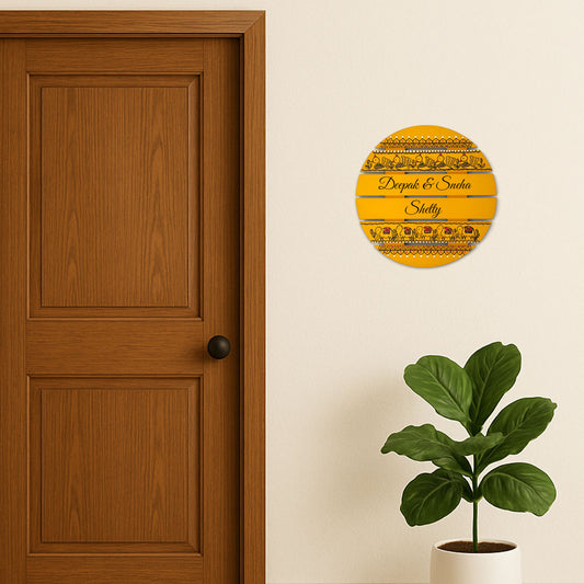 Peacock & Elephant Artwork Hand-Painted Wooden Madhubani Round Name Plate For Home