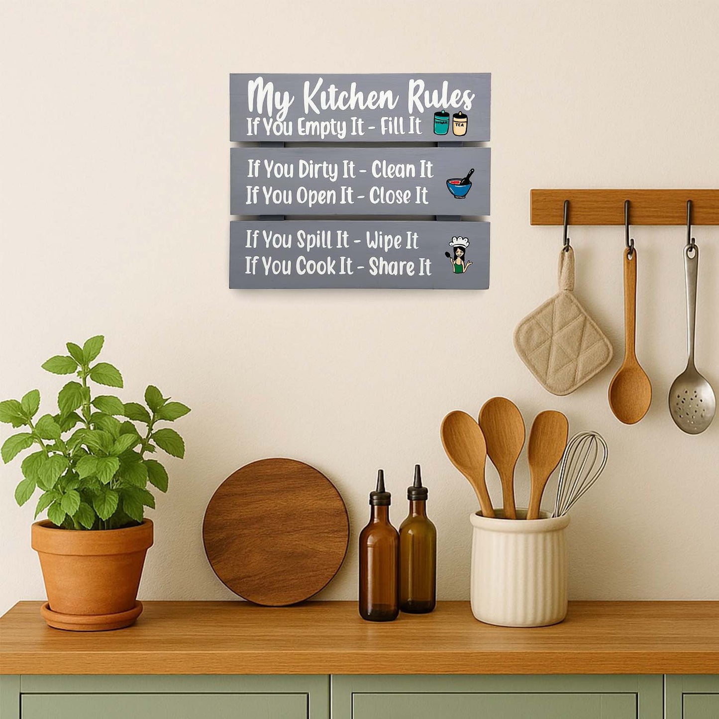 My Kitchen Rules Hand-Painted Wooden Kitchen Wall Hanging - Grey