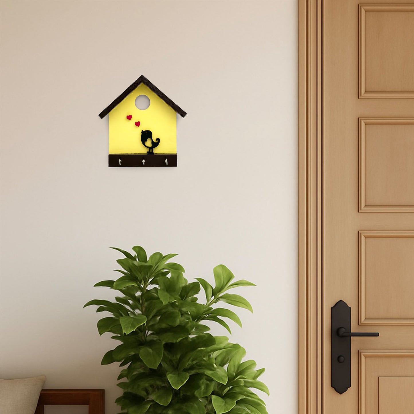 Hand-Painted Wooden Hut Key Holder With Bird