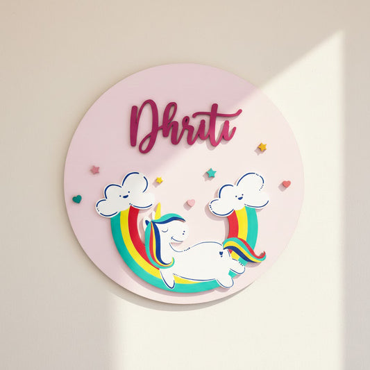 Unicorn Themed Hand-Painted Wooden Round Kids Name Plate - Design 2