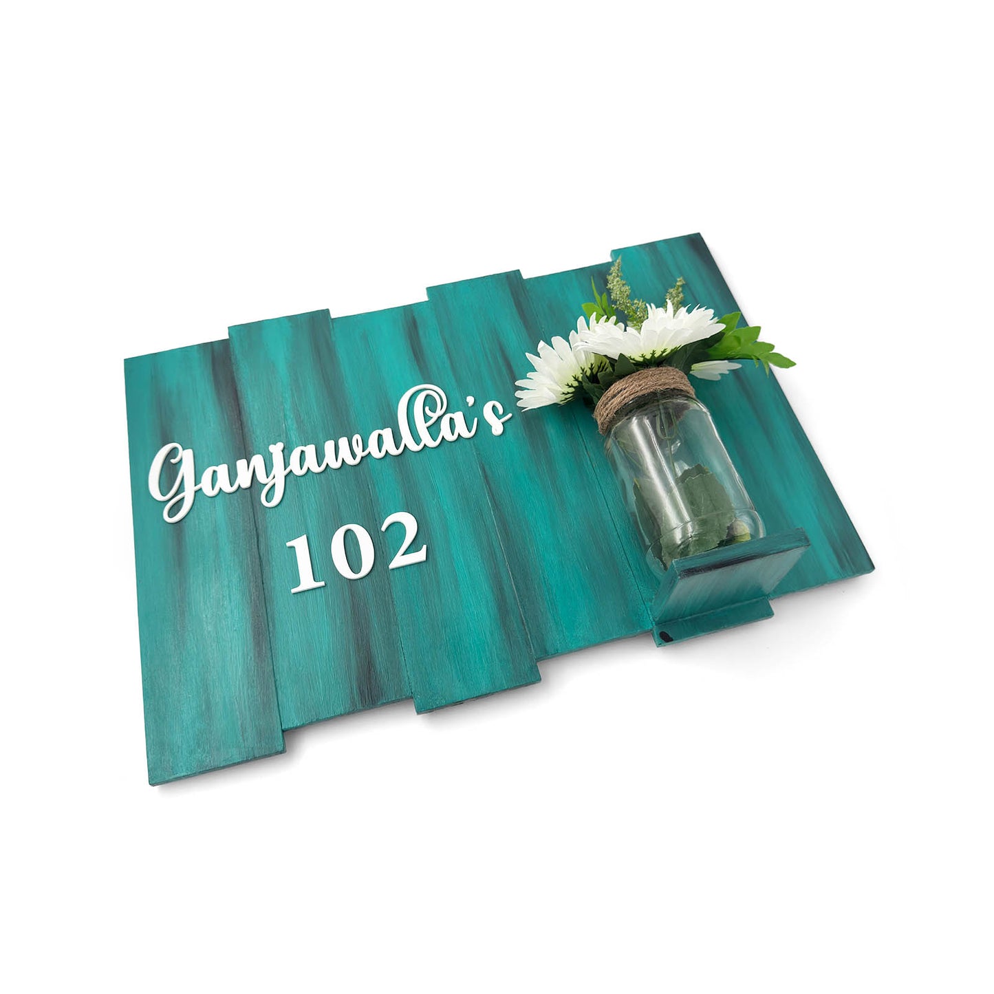 Teal Hand-Painted Wooden Name Plate With Jar For Home - Design 2