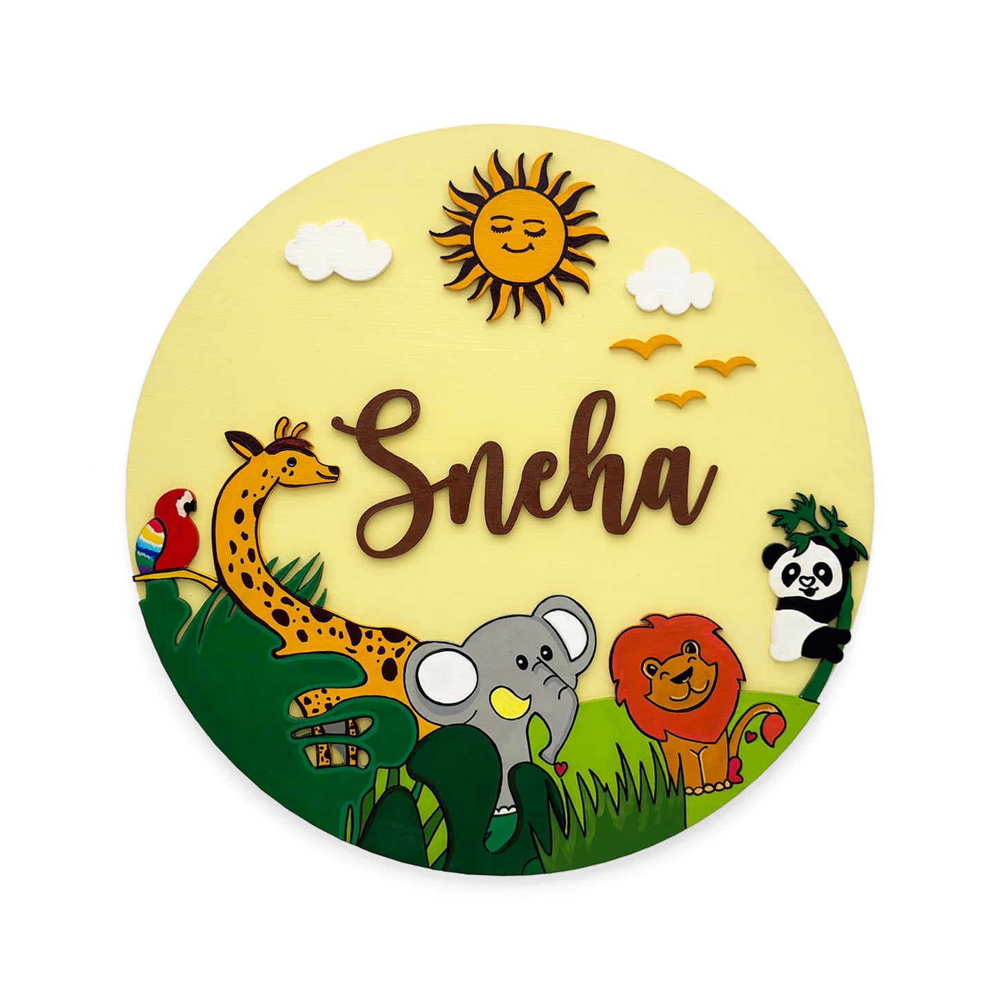 Animal Themed Hand-Painted Wooden Round Kids Name Plate - Design 3
