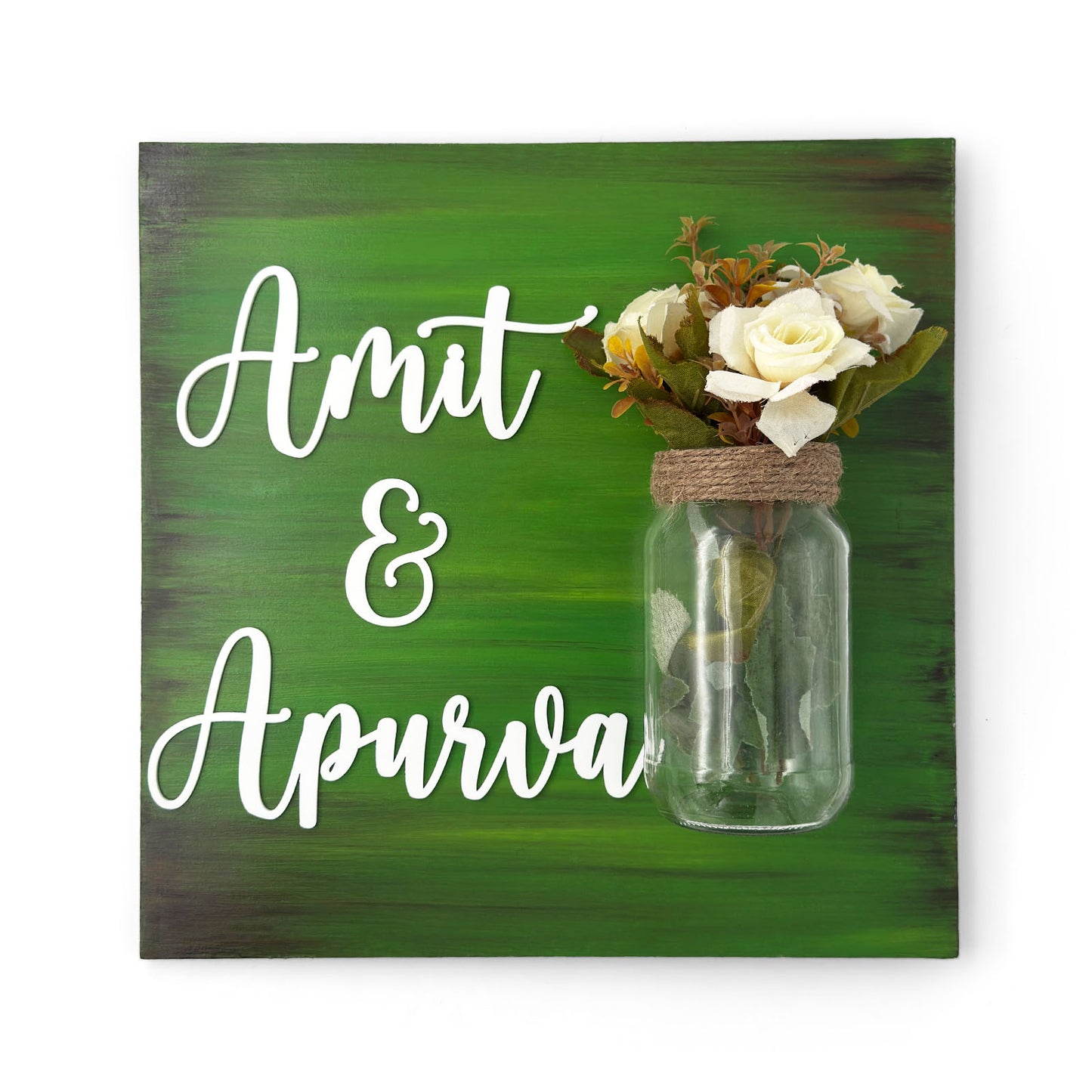 Green Hand-Painted Wooden Name Plate With Jar For Home - Only Jar Board