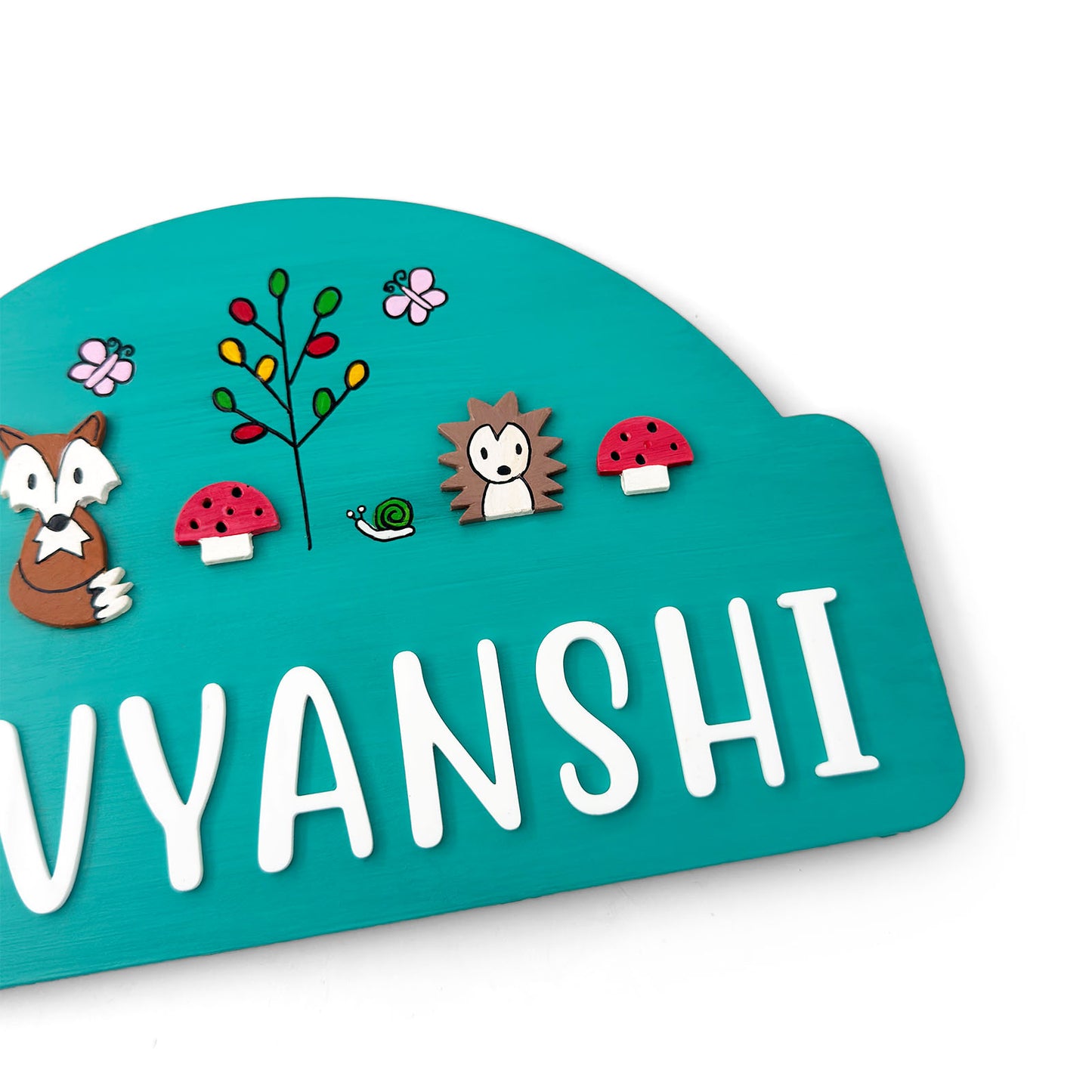 Woodland Animals Themed Hand-Painted Wooden Arch-Shaped Kids Name Plate