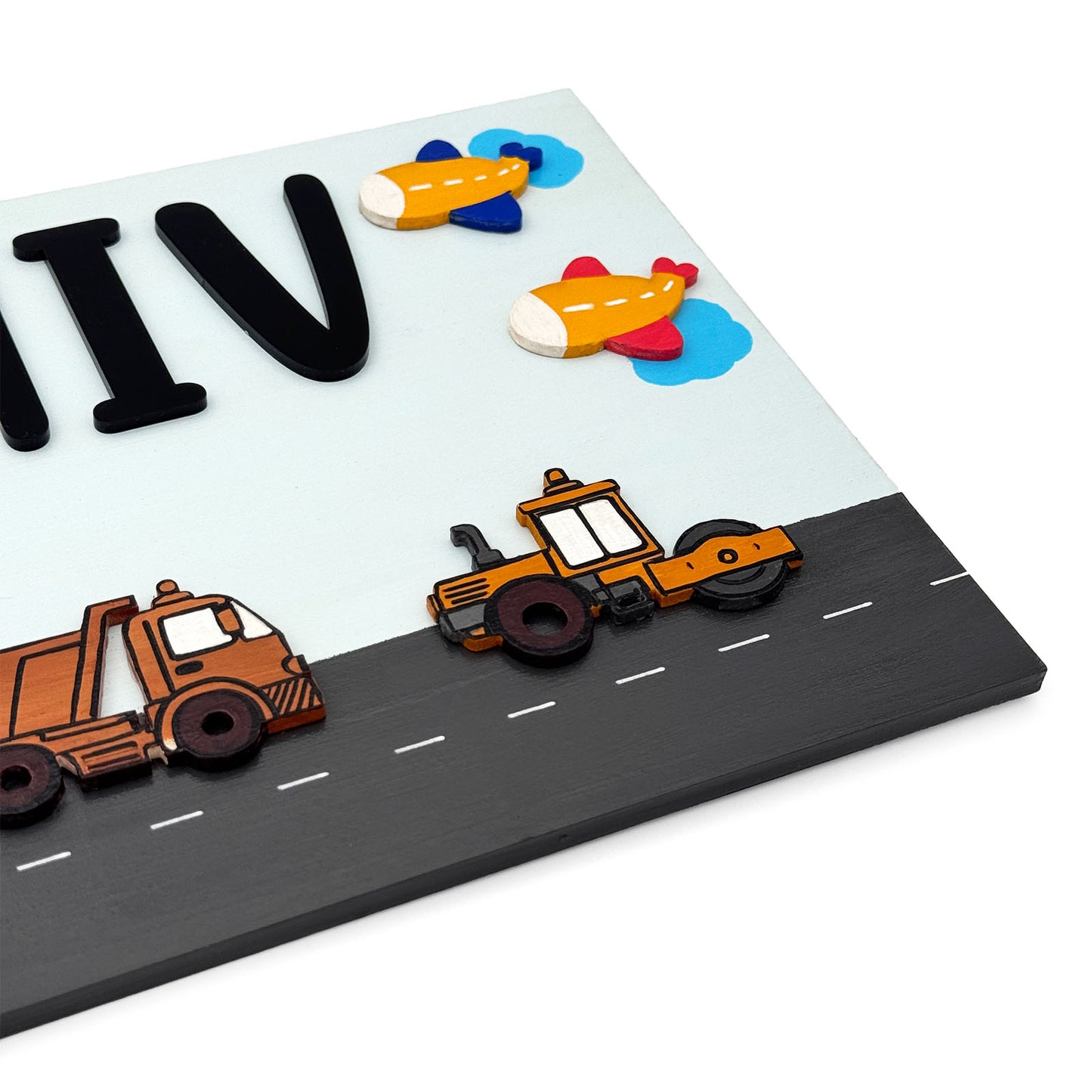 Construction Vehicles Themed Hand-Painted Wooden Kids Name Plate - Light Blue