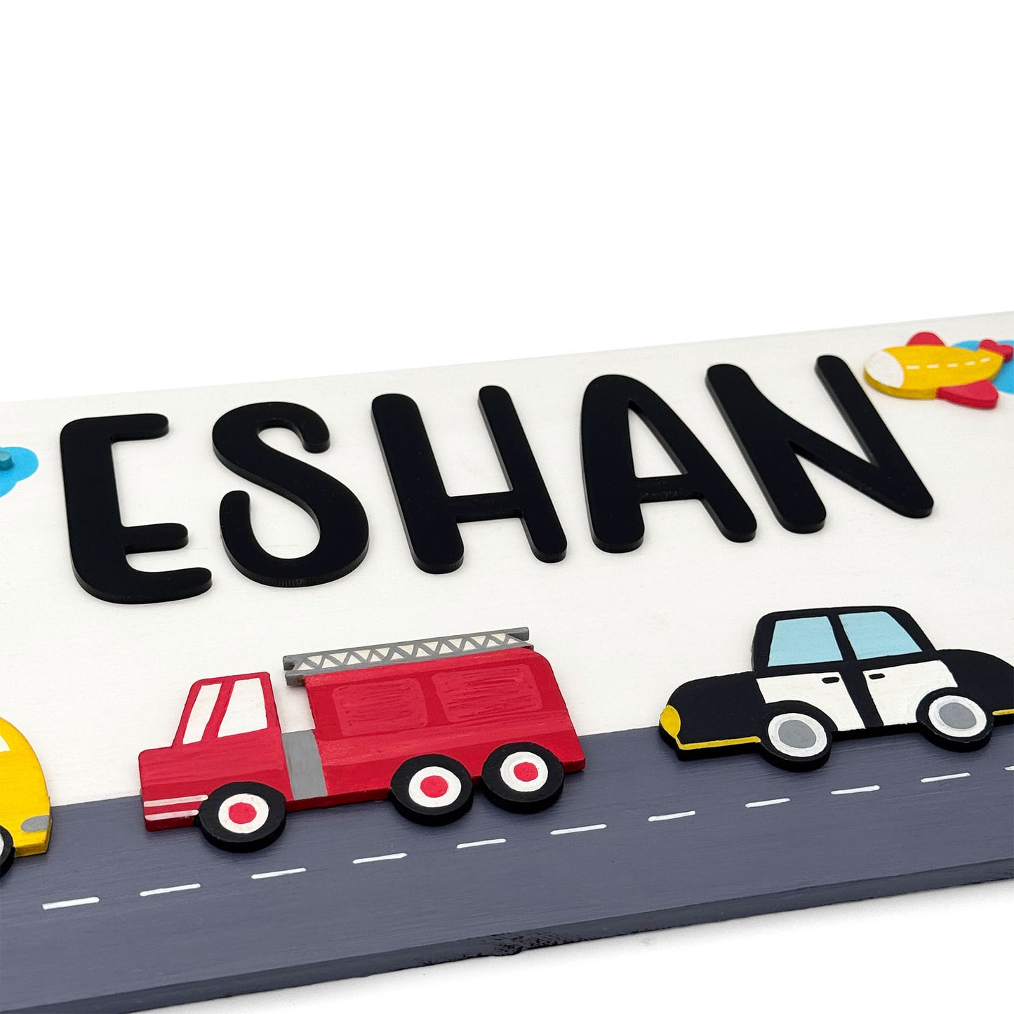 Vehicles Themed Hand-Painted Wooden Kids Name Plate - White