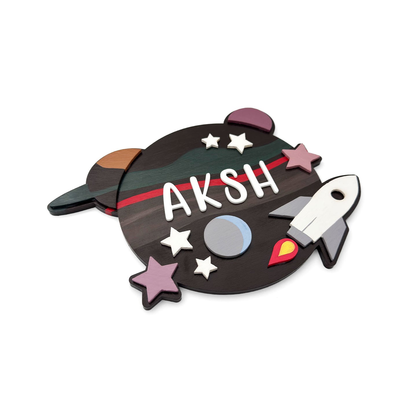 Space Themed Hand-Painted Wooden Kids Name Plate - Brown