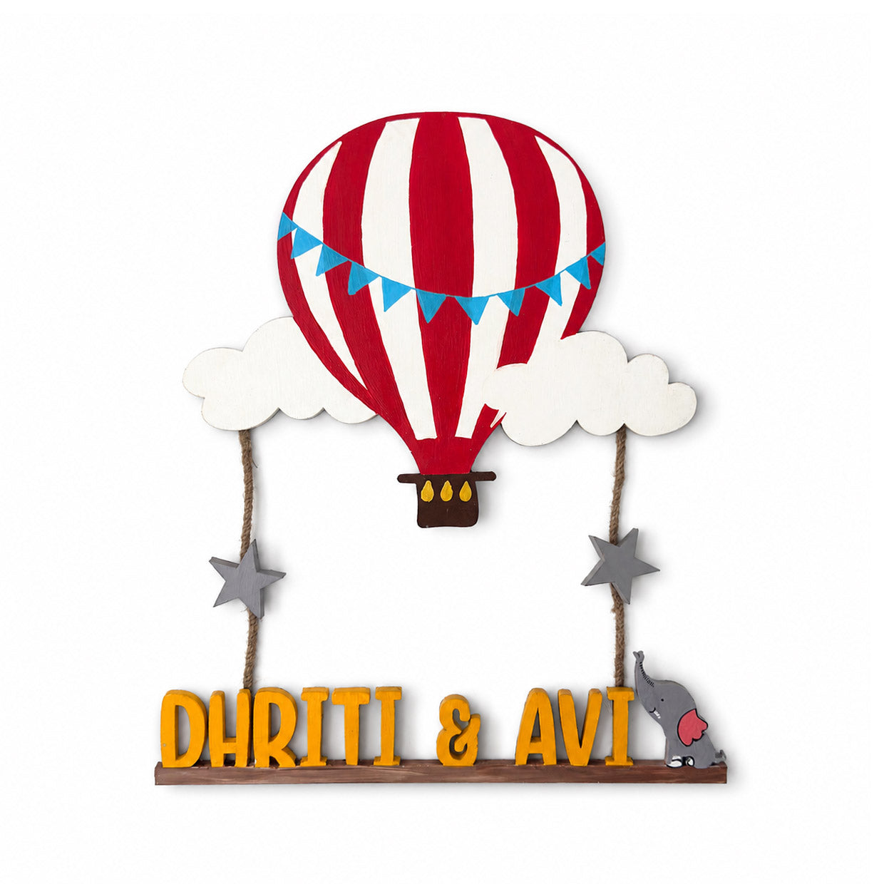 Hot Air Balloon Themed Hand-Painted Wooden Kids Name Plate - Design 1