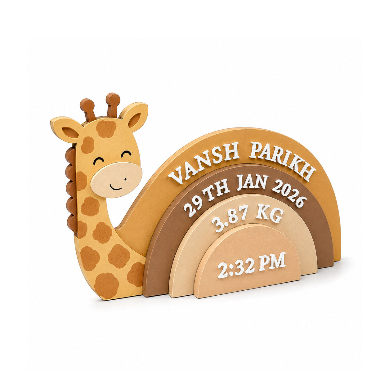 Giraffe Themed Hand-Painted Wooden Personalised Baby Birth Details Name Plate
