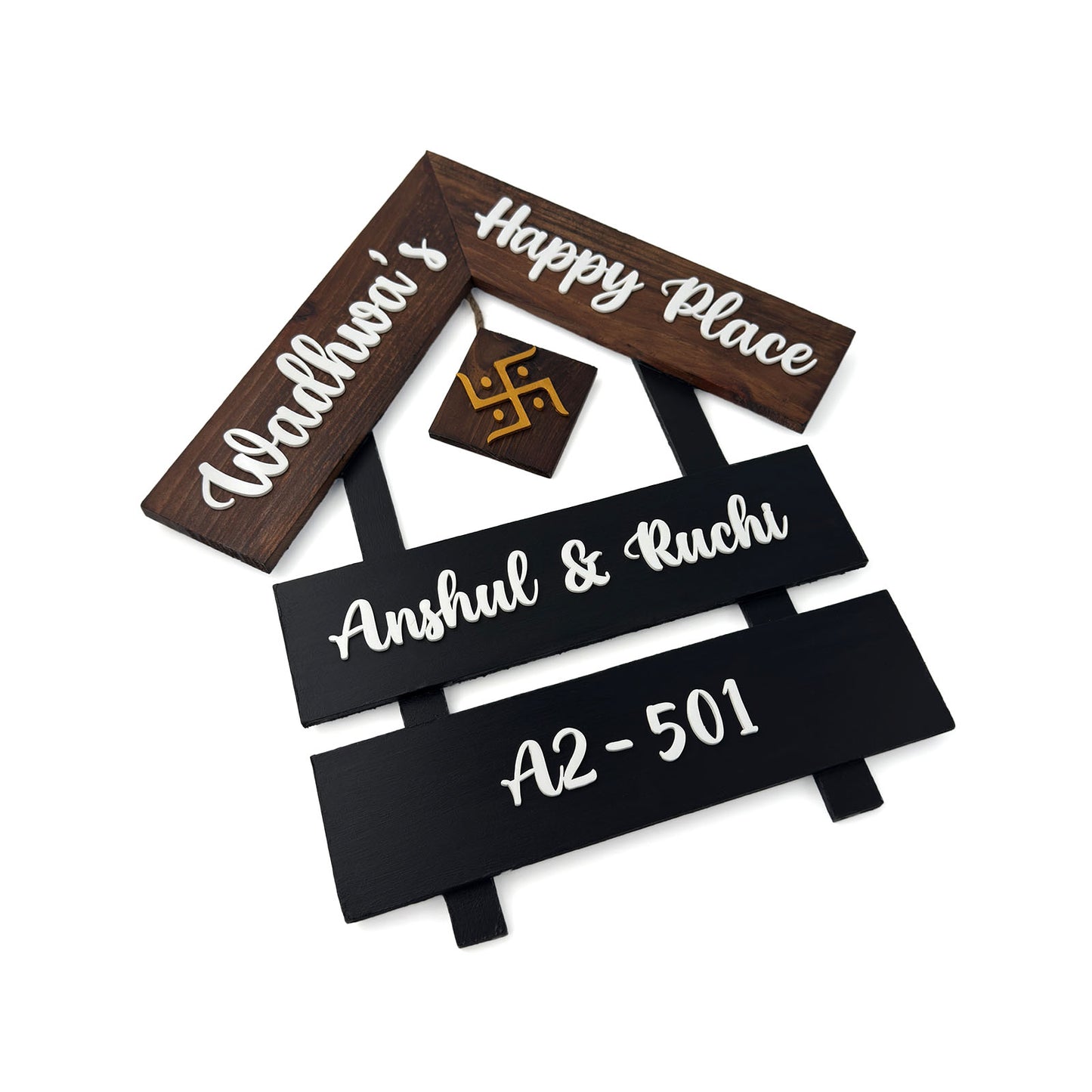 House With Roof And Double Plank Hand-Painted Wooden Hut-Shaped Name Plate For Home - Black & Wooden Finish